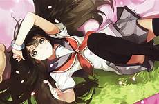 ecchi soft anime school down lying shading thigh schoolgirls skirts petals uniforms highs hair long bracelets brunettes flower girls