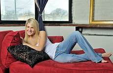 couch blonde woman lounging beautiful relaxing tank jeans dreamstime stock