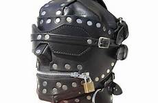 gimp leather bdsm mask hood genuine bondage locking mouth