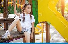 playground girl lovely cute dreamstime summer sitting stock leisure child pigtails