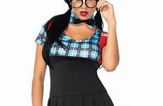 nerd costume naughty halloween adult collar keyhole 4pc panty glasses frame dress blue