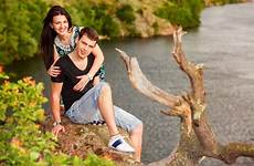 couple river happy piggybacking attractive outdoors portrait close young stock cheerful girl