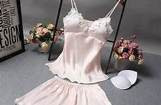 pajamas suspenders embroidered nightwear chest silk shorts pad lace ladies summer two set