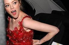 emma stone dress malfunction her met ripped gala party distress damsel frock lanvin she after last rip way red night