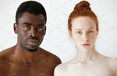 man woman african looking caucasian standing interracial couple mixed shirtless race beautiful camera portrait headshot young serious people male expression