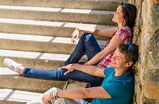 stairs couple flirting happy young stock