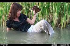 clothed fully lake wetfoto wet video blouse soaking heels pants hat girl high get