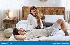man woman bedroom bed talking women interior lovers conversations concept sweet couple relationship happy