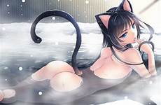 catgirl nude hair anime onsen snow winter ears konachan wallpapers sakurai unan original aqua eyes animal ass long post posts