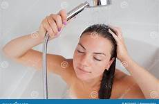 shower taking young woman girl hot beautiful bath stock