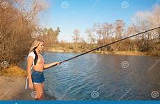 fishing topless river girl beautiful stock autumn shore