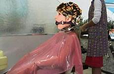sissy punishment slave gagged makeover perm curlers curler salons maids hairstyles capes peignoir cuffed uncooperative tgirls friseursalon permed nylons threatened