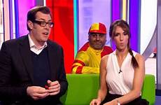 alex jones show wardrobe malfunction nipples her tv bbc through flashes shirt she celebrity express bit realise appear suffering didn