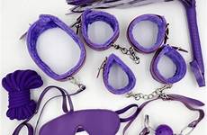 sex bondage leather kit set restraints slave 7pcs purple bed adult