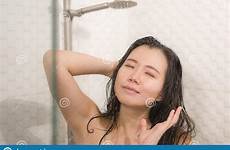 chinese asian taking shower her happy young hygiene washing enjoying bathroom morning woman hair beautiful beauty domestic cute
