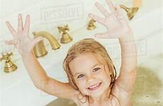 little girl bathtub adorable sitting smiling stock raising hands camera while d2115
