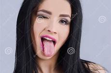 tongue girl showing brunette beautiful isolated portrait close her faces stock model