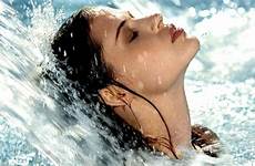 water wet wallpaper hair brunette girl face profile women closed eyes long model drops outdoors splashes bokeh portrait waterfall blue