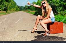 hitchhiking woman pretty along road young shutterstock stock search