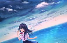 anime wallpaper sea beach girls water ocean feet legs blue sky skirt eyes hair wave wallhaven cc clouds long sunlight