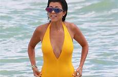kardashian kourtney beach swimsuit sexy miami yellow piece hawtcelebs aznude