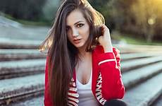 hot brunette girl model sit wallpaper outdoor cleavage hair long women stairs bokeh outdoors portrait face struna 500px viewer anatol