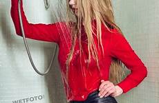 clothed wetlook shower fully wetfoto takes girl long jeans