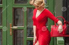 blonde dress red heels woman sensual gorgeous high young charming sexy posing painted frame door front green preview