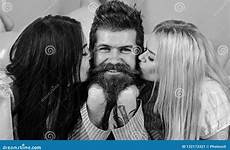 threesome blonde lay balloons beard mustache attracts smiling brunette guy near face happy man girls preview