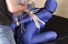 bondage zentai blue bound catsuit elbows