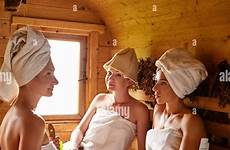 sauna girls relaxing three alamy stock finnish