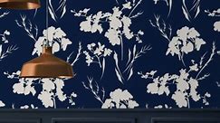 Dark blue floral wallpaper Peel and stick removable or Traditional non woven wallpaper