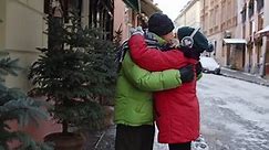Elderly Couple Grandmother Grandfather Tourists Traveling Walking Hugging Embracing Making Kiss