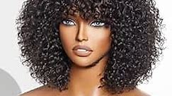 LUVME HAIR 10 Inch Short Curly Wigs with Bangs Water Wave Bob Wig Human Hair Short Black Wig for Women
