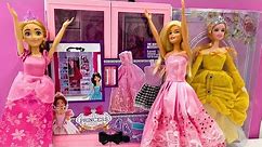Princess Barbie Rapunzel Pink Dream Wardrobe Castle Closet Unboxing Doll Clothes 💗