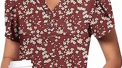 POPYOUNG Womens Business Henley Tunic Tops Button Down T-Shirts Petal Sleeve V-Neck Casual Blouses XL, Vermilion Plum Blossom