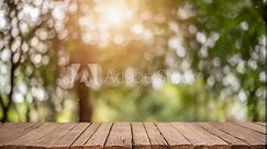 Sunny blurred nature background with empty wooden boards table loop video.