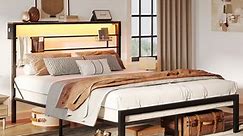 Bestier Full Size Bed Frame with 49.2" High LED Storage Headboard Shelf, Metal Platform Bed, Black