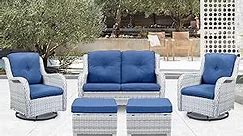 Belord 5 Piece Outdoor Patio Furniture Set - Patio Wicker Furniture Conversation Set, Outdoor Swivel Rocker Chairs with Loveseat Sofa and 2 Ottomans for Small Space, Blue Cushion