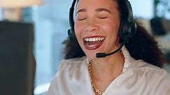 Call center woman, winning and success, celebration of achievement and CRM, happy employee with target bonus. Contact us, customer service or telemarketing win, sales reward with headset and screen