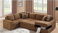 THSUPER Sectional Sleeper Sofa with Pull Out Bed, Oversized Sectional Couch with Storage Chaise U Shape Sleeper Sectional Sofa Bed for Living Room, Fabric Brown