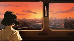 cute anime girl looking city landscape through train window