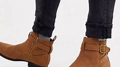 ASOS DESIGN cuban heel chelsea boots in tan faux suede with buckle detail | ASOS