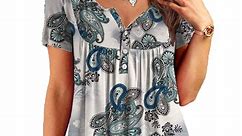 VERABENDI Womens Tunic Top Plus Size Short Sleeve Floral Printed Button V-Neck Henley Shirt Ladies Blouse (M-4X)