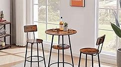 ROCKINGRUN Bistro Table and Chairs Set, Counter Height Round Bar Table with Storage Shelf, and 2 Stools with Backrest & Footrest, for Dining Room, Kitchen, Bar, Small Space, Rustic Brown