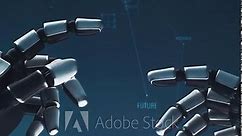 Robotic hand reaching out and touching businessman to change human into cyborg against dark blue background. Vertical shot.