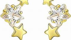 Small Stud Earrings - Sterling Silver 925 Stars Studs Climber Earrings Gold Sparkling CZ Dainty Cute Crescent Moon for Women Teen Girls Birthday Gifts