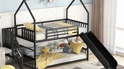 Kacho Bunk Bed, Twin Size Metal Bunk Bed House Bed with Slide Staircase, Floor Bunk Bed Frame with Full-Length Guardrails, Bunk Bed for Kids Adults, Extra Storage Space, No Box Spring Needed, Black