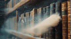 Dusty old books line wooden shelves in an antique library. The scene, covered in dust and bathed in soft light, evokes a nostalgic and mysterious mood. Timeworn books dominate the scene.