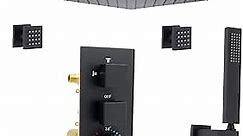 ZYGOLVQ Rain-Shower System with Body Jets: 12" Wall Mount Rainfall Head and Handheld Spray, Thermostatic Faucets Sets Complete 3 Way Diverter Rough-in Valve Body and Trim Included, Matte Black